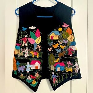 Vintage Women's Handmade Embroidered Village‎ Scene Vest Size Medium